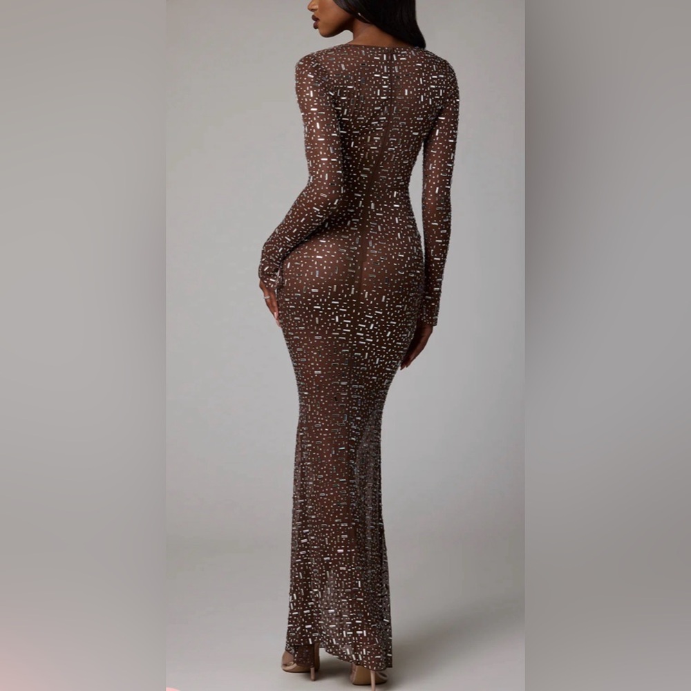 Oh Polly Isabeau Sheer Embellished Long Sleeve Evening Gown in Deep Cocoa, 6 - Picture 2 of 4